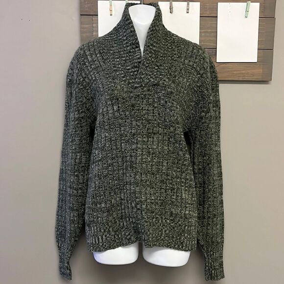 Lambs Wool Blend Heather Green Long Sleeve Cable Knit Cross Cowl Neck Sweater-PL - Picture 1 of 13